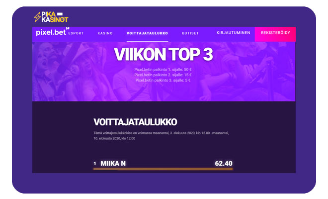 Pixel.bet voittajataulukko palkitsee kolme eniten vetoja asettanut pelaajaa käteisellä
