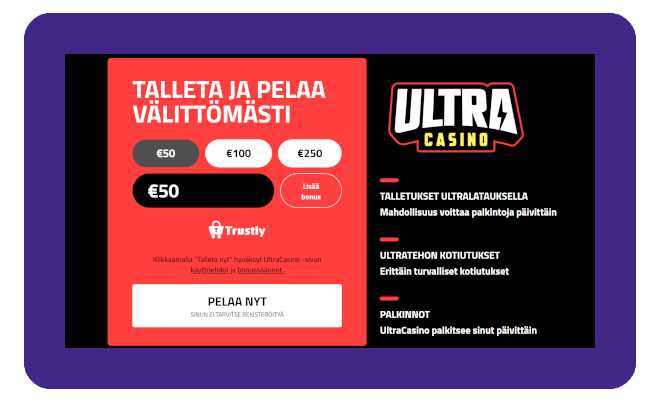 Ultra Casino talletukset hoitaa Trustly