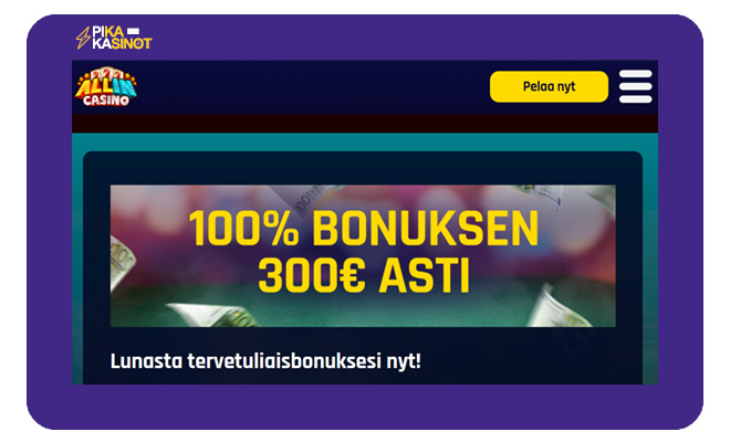 Allin Casino bonus toimii 100% 300 € asti