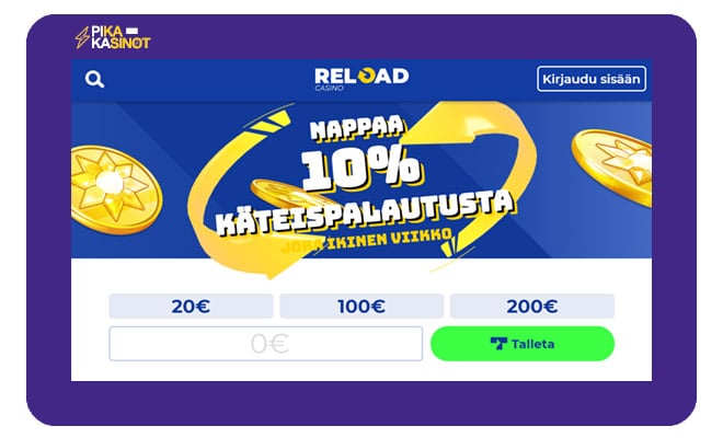 Reload Casinolta saat 10% viikon peleistä takaisin käteisenä