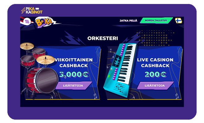 Boka Casino bonuksena on käteispalautus kolikkopeleistä sekä live-casinolta