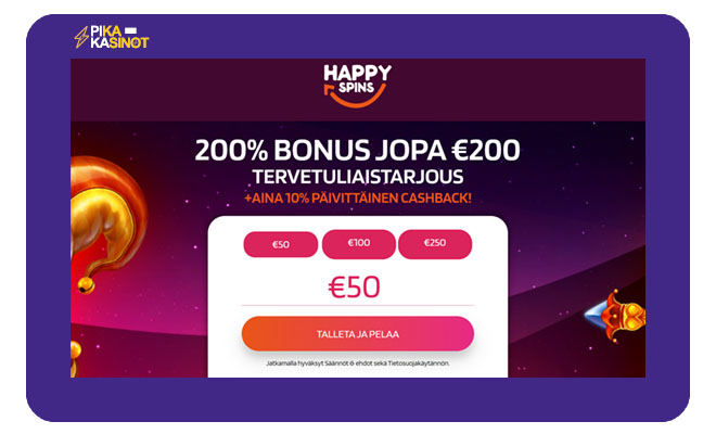 HappySpins tarjoaa 200% käteisbonuksen 200 € asti