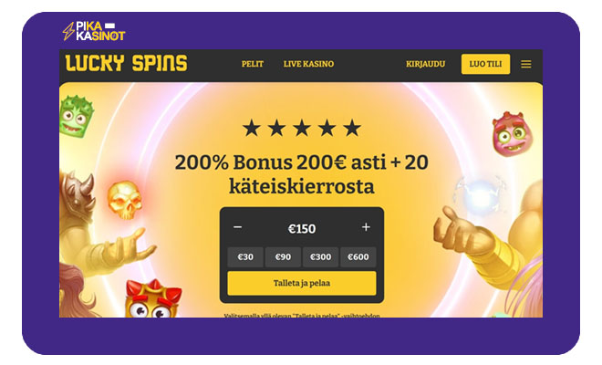 Uusi LuckySpins Casino 200% bonus on voimassa aina 200 € asti