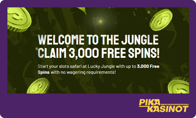 Lucky Jungle kasinon bonus tarjoaa jopa 3 000 käteiskierrosta ensitalletuksilla.