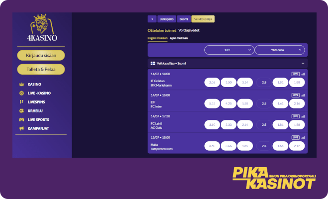 4Kasino vedonlyönti tarjoaa tuhansia kohteita ennakkoon ja livenä.