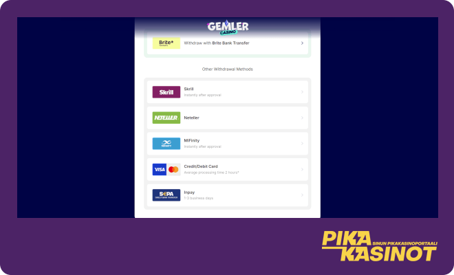 Gemler kasinolla on Briten lisäksi monia muitakin maksutapoja.