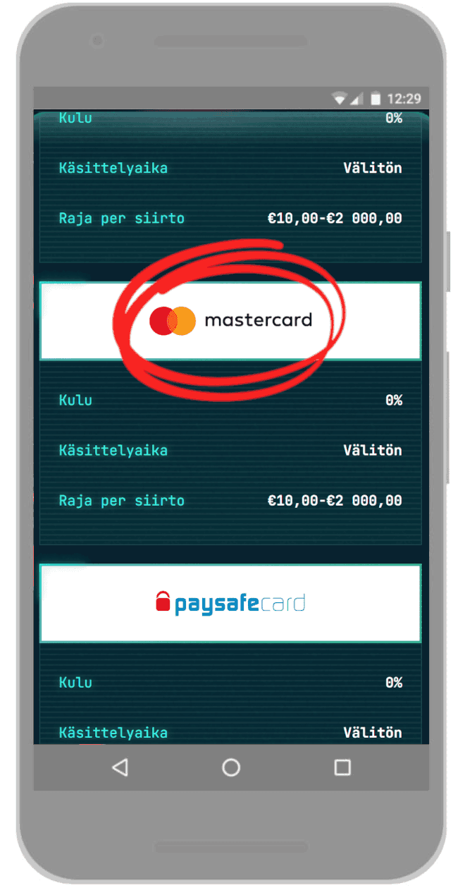 Valitse talletukseen Mastercard.