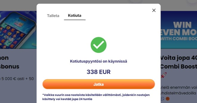 Klikko kasino kotiutus siirtyy omalle pankkitilille.