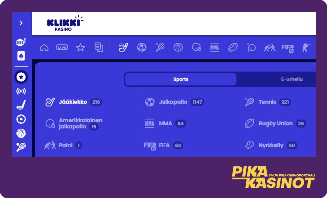 KlikkiKasino valikoima pitää sisällään myös vedonlyönnin.