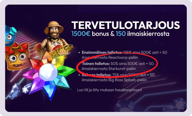 Ilmaiskierroksia Starburstiin osana tervetulopakettia.
