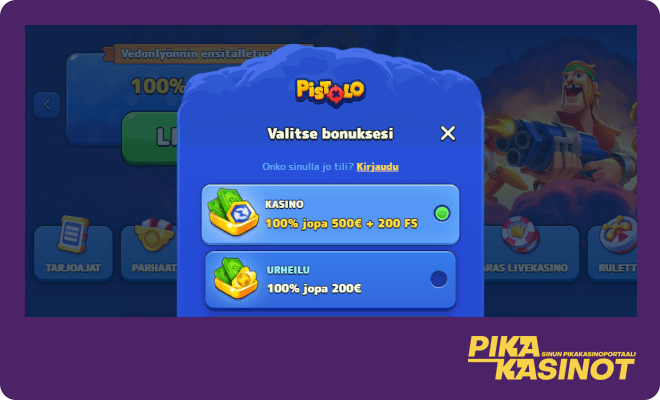 Valitse haluamasi Pistolokasino bonus.