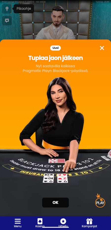 Pragmatic Play livekasino blackjack double up ominaisuus.
