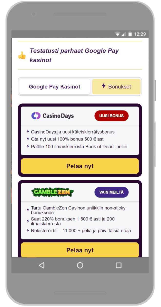 Tutustu Google Pay kasinot -listaamme ja valitse pelipaikka.