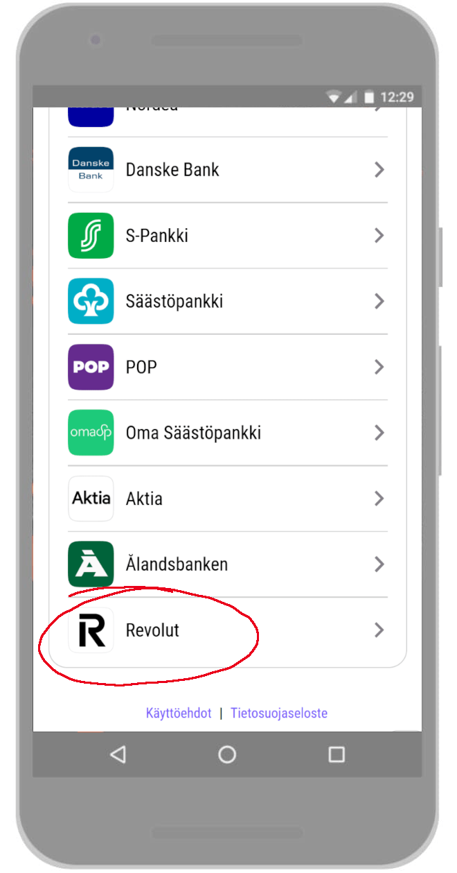 Etsi pankkien listalta Revolut.
