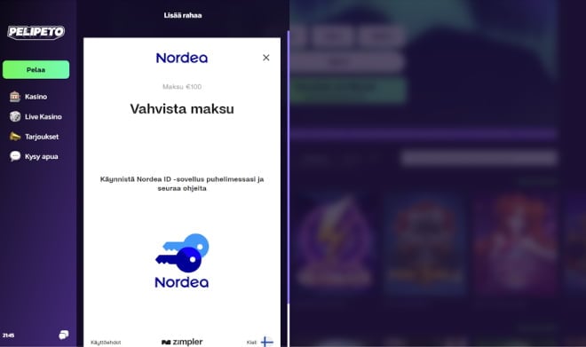 Pelipeto talletus käy nopeasti omilla nettipankkitunnuksilla.