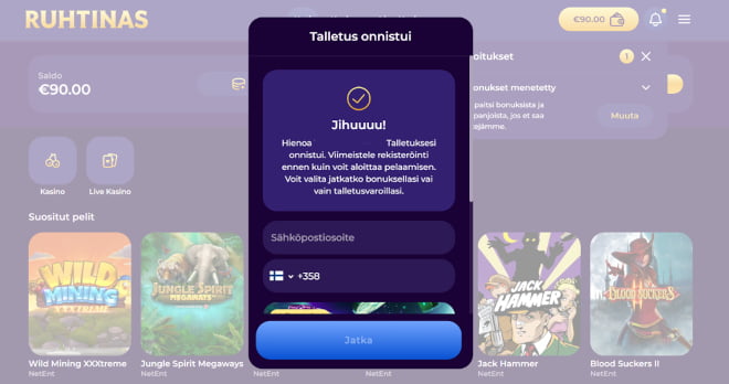 Ruhtinaskasino talletus vaatii vielä kirjautumistunnusten luomisen.