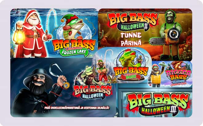 Joulun ja halloweenin Big Bass -pelejä.