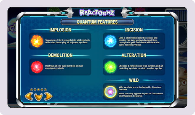 Reactoonz-pelin erilaiset erikoistoiminnot.