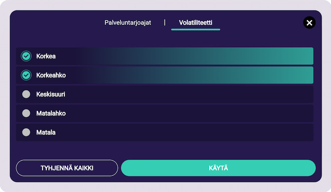 Kasinopelien seulonta volatiliteetin mukaan.