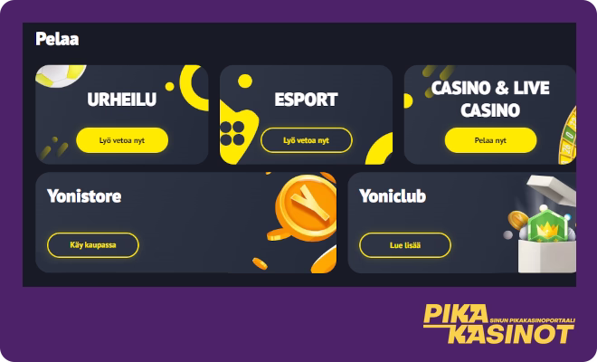 YoniBetCasino valikoima tarjoaa sekä vedonlyöntiä että kasinopelejä.