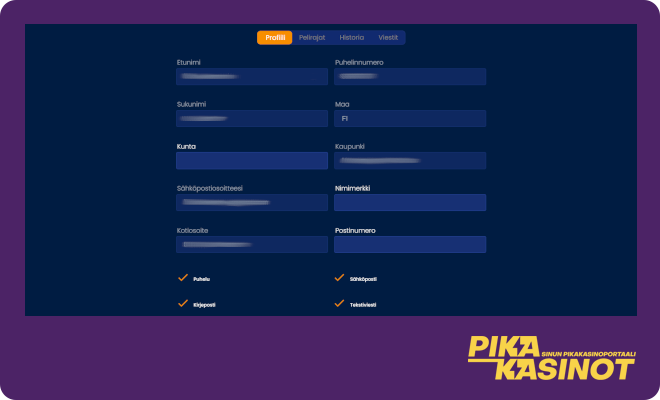 Pikakasino oma pelitili ja tiedot.