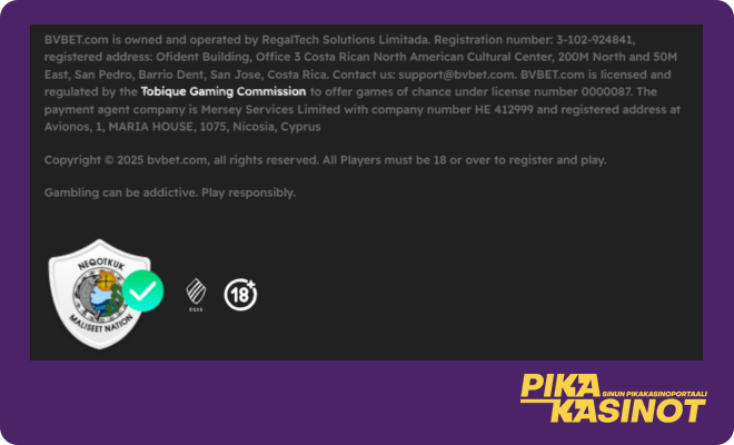 Tobique kasinon lisenssitiedot kasinosivustolla.