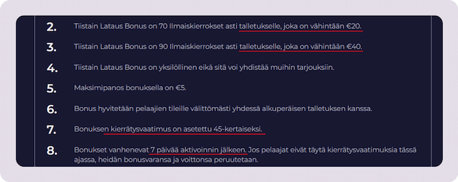 Ote reload bonuksen käyttöehdoista.