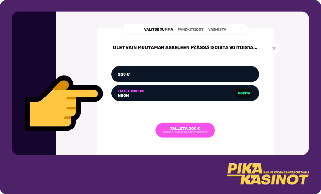 NeonVegas kasino kotiutus ja talletus onnistuu pikana, muista aktivoida bonuskoodi.