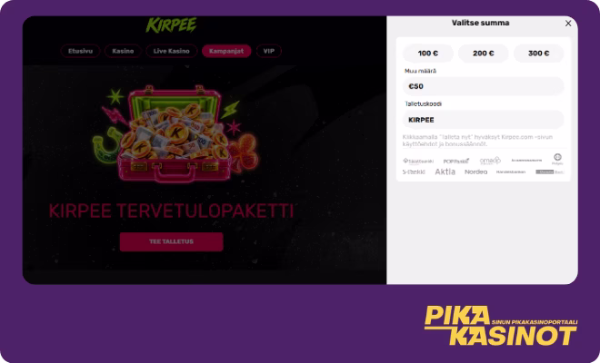 Hanki Kirpee kokemuksia tekemällä ensitalletus.