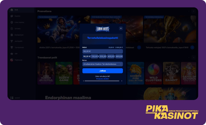 Hanki LunaLoots Casino kokemuksia valitsemalla bonus ja tekemällä talletus.